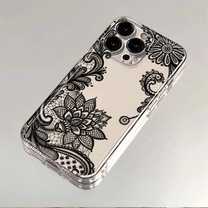 Trendy Black Lace Flower Pattern Phone Case For iPhone 17 16 15 14 Pro 17 Air 13 12 11 Max Mini 7 8 Plus XR XS Soft Clear Cover
