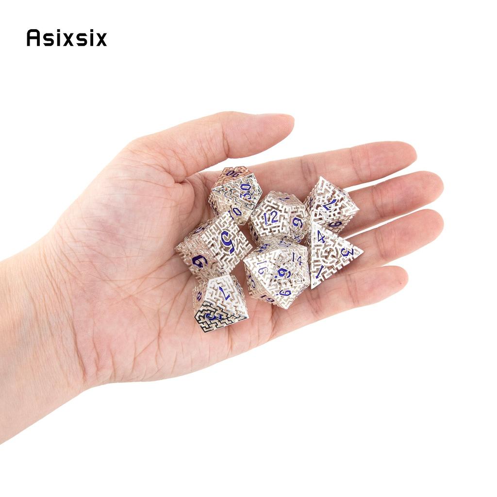 7 Pcs  White Blue Metal Dice Maze Hollow Metal Polyhedral Dice Set Suitable for Role-Playing RPG  Board Game Card Game