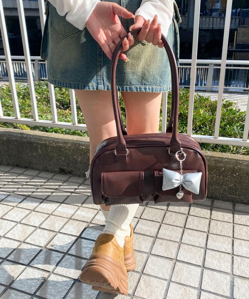WEGO Boston Bag with School Deco Shoulder Korean School School Brown Sonata Charm, Bag, Bag, Bag, Casual, Girly, Bag, Gift, Present, Bag, Year-Round,