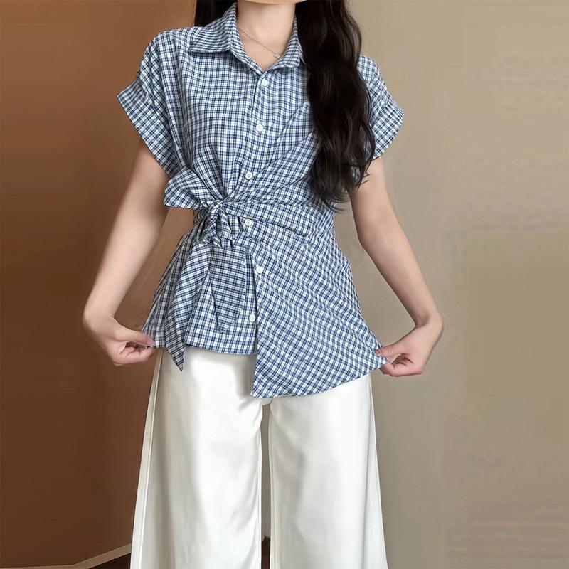 Plus Size Blue Plaid Tie-Waist Short-Sleeve Shirt for Women, Slimming, Summer Hong Kong Style Top