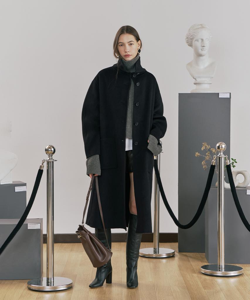 Pinblack Wool Handmade High-Neck Long Coat Black
