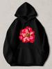 Black Pullover Hoodie with Vibrant Red Flower Print Casual Long Sleeve Sweatshirt with Kangaroo Pocket And Drawstring Hood Unisex