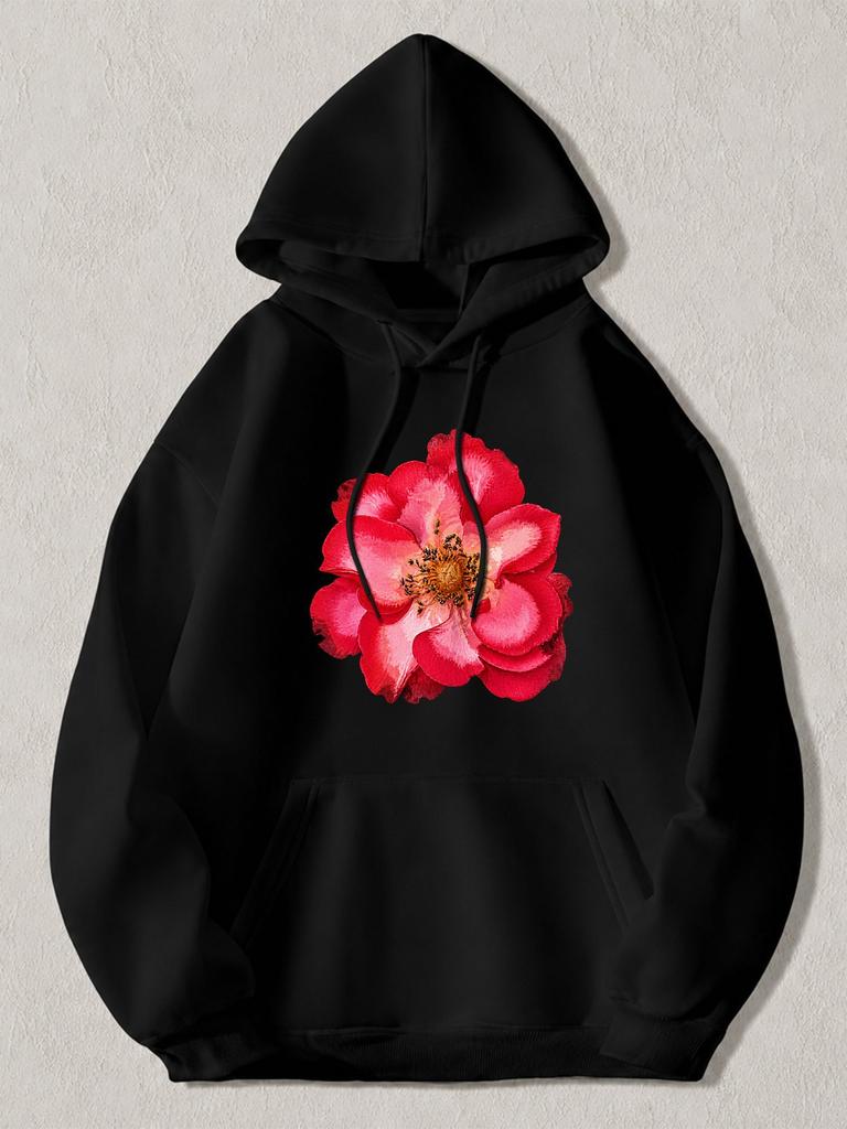 Black Pullover Hoodie with Vibrant Red Flower Print Casual Long Sleeve Sweatshirt with Kangaroo Pocket And Drawstring Hood Unisex