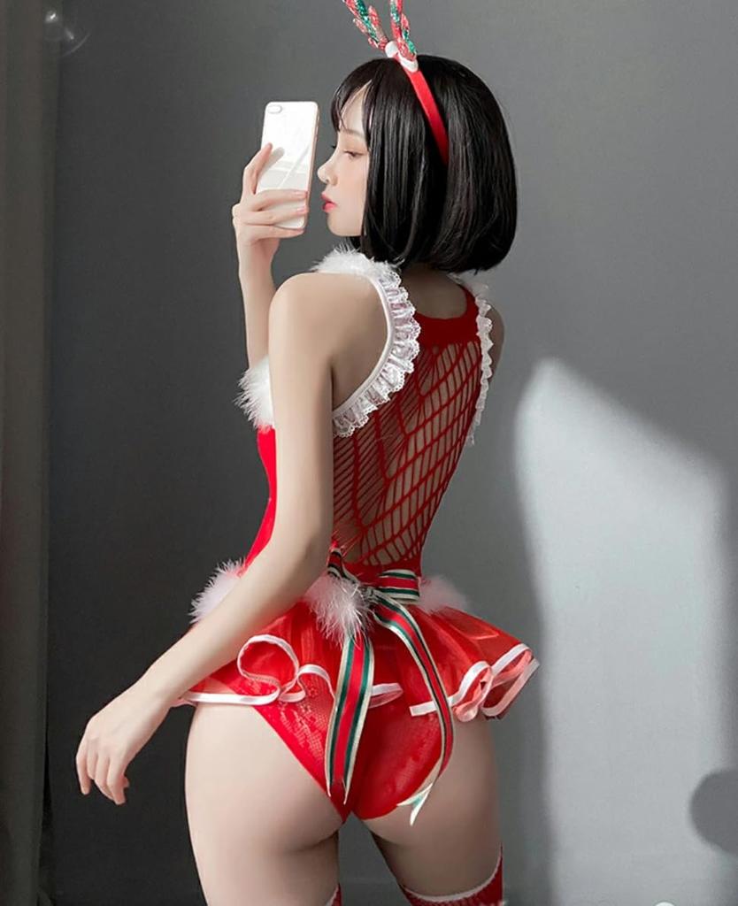 Sexy Christmas Body Stocking Santa Cosplay Red Lingerie Costume Photo Shoot Sheer Reindeer [Lady Lazy]
