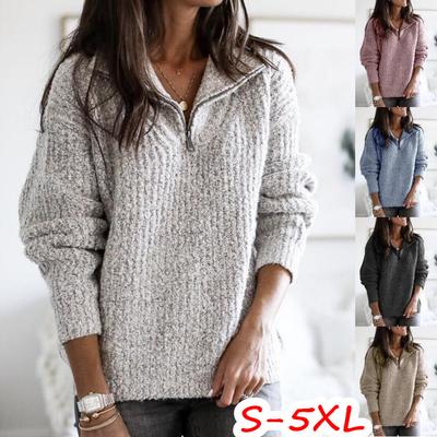 Women's Mock Neck Long Sleeve Knit Sweater Loose Fit Casual Pullover Thermal Knit Top Fall Winter Daily Wear Half Zip Jumper