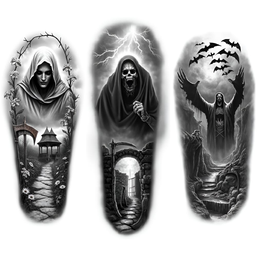 3pcs Temporary Tattoo Black And Grey Realism Hooded Figure Clock Tower Tree For Adults Thighs Men