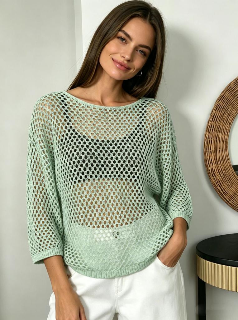 Summer new hollow smock women's European and American style soft loose long-sleeved knitted top ins style