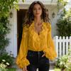 Women Shirt V-Neck Pleated Puff Long Sleeve Summer Shirt Embroidery Lace Splicing Loose Fit Shirt Tops Parties Travel Wear
