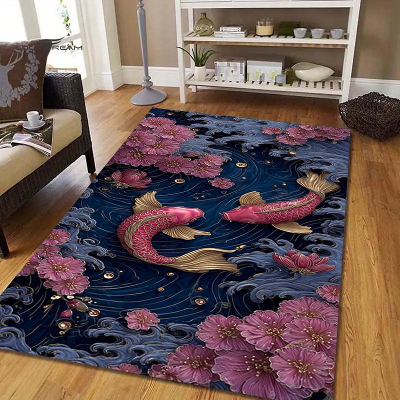 Koi Fish Pond Style Crystal Velvet Rug, Soft Anti‑Slip Crystal Velvet Carpet for Living Room Bedroom Home Decor