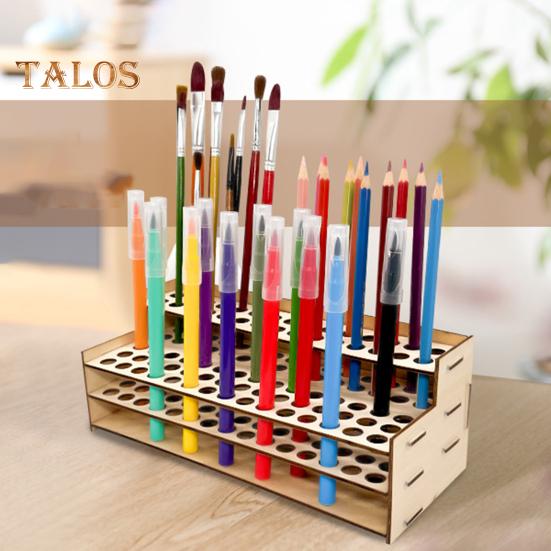Wooden Paint Brush Holder 75 Holes Desk Stand Pen Storage Organizer Large Capacity 2 Tier Art Tools Compartment Display Rack for Table Wall