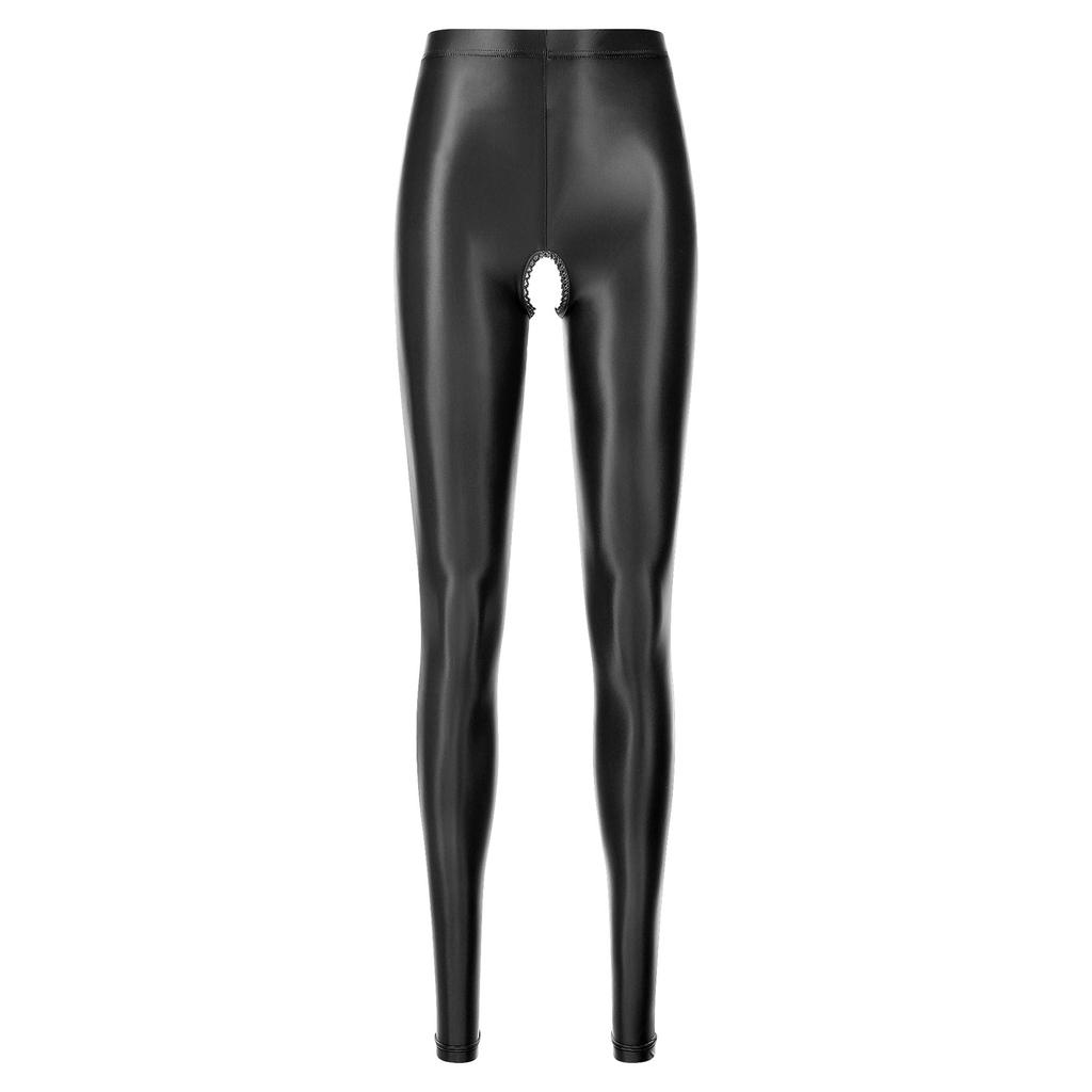 Womens Glossy Stretchy Open Crotch Leggings Solid Color Elastic Waistband Skinny Pants