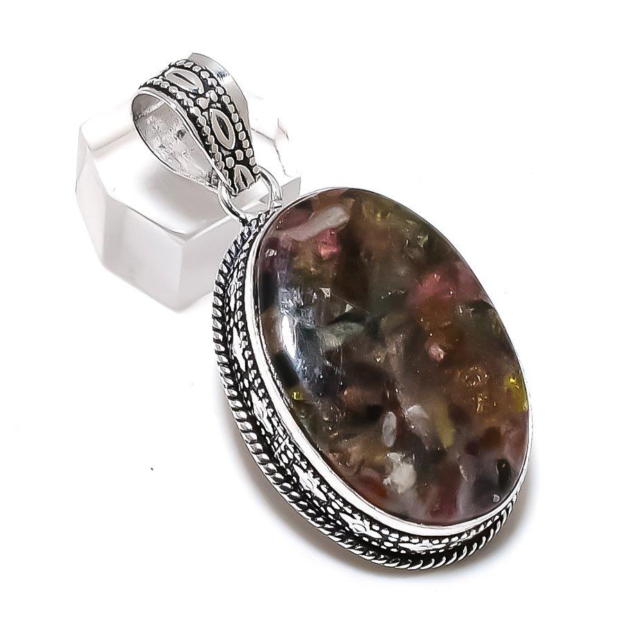 Watermelon Tourmaline Gemstone 925 Steling Silver Jewelry Pendant 2.17" Y6o92