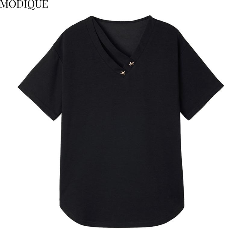 MODIQUE Spring Summer Plus Size New Women Loose Vintage Blouse Shirts Female Casual Oversize Short Sleeve V-Neck Top Elegant Lady Solid Black