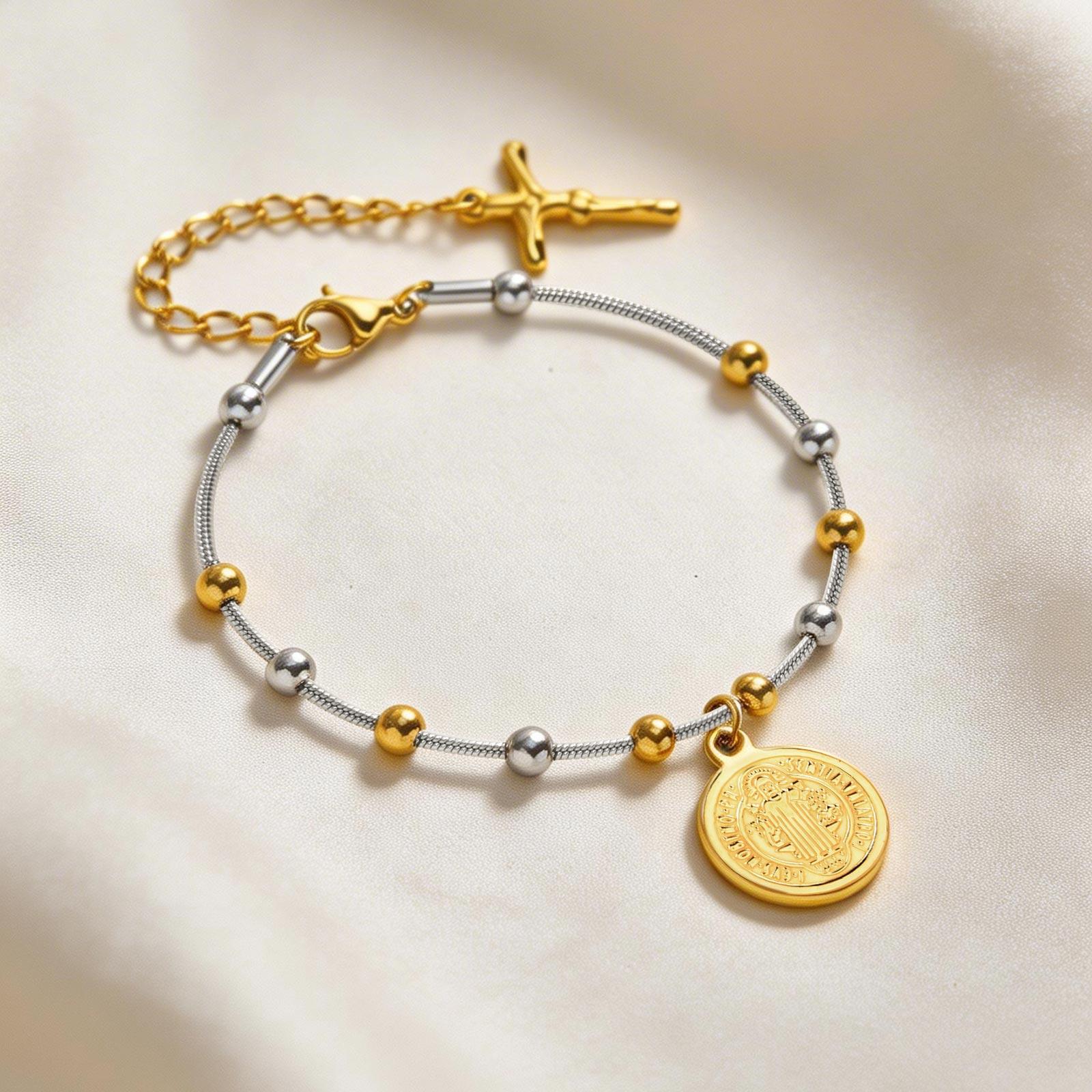 Vnox Rose Gold Plated Stainless Steel St Benedict Medal Bracelet for Women, Two-color Rosary Cross Beaded Round Snake Bracelets