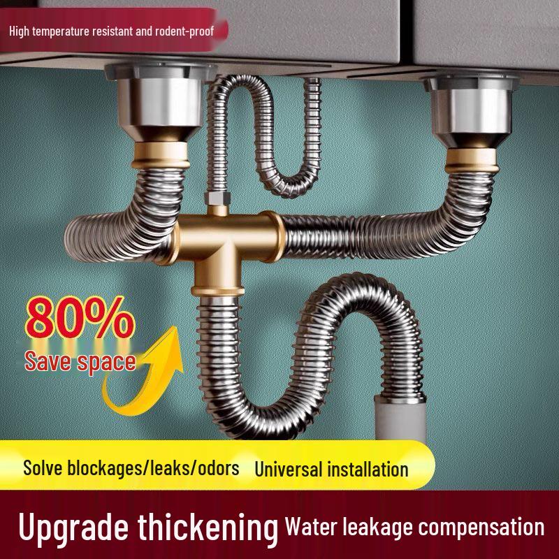 Stainless Steel Double Bowl Kitchen Sink Drain Pipe Set with Anti-odor Feature