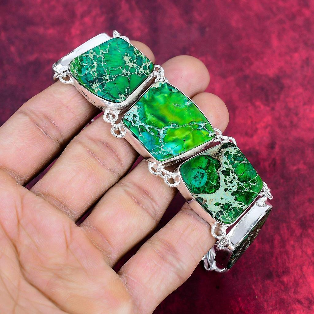 Green Sea Sediment 925 Solid Sterling Silver Bracelet Adjustable, Chain Bracelet Handmade Gemstone Jewelry, For Thanksgiving