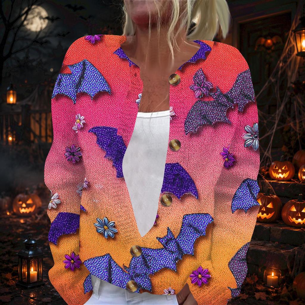 Women's Long Sleeve Knit Cardigan Button Up Sweater Lightweight Halloween Print Casual Open Front Top for Fall and Winter