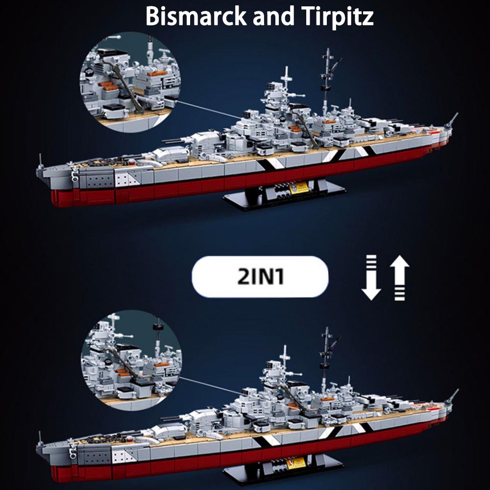 2-in-1 WKII KMS Bismarck Schlachtschiff Bausteine Militärkriegsschiffe Marineflotte Modellsteine Spielzeug für Kinder Geburtstagsgeschenk Moc