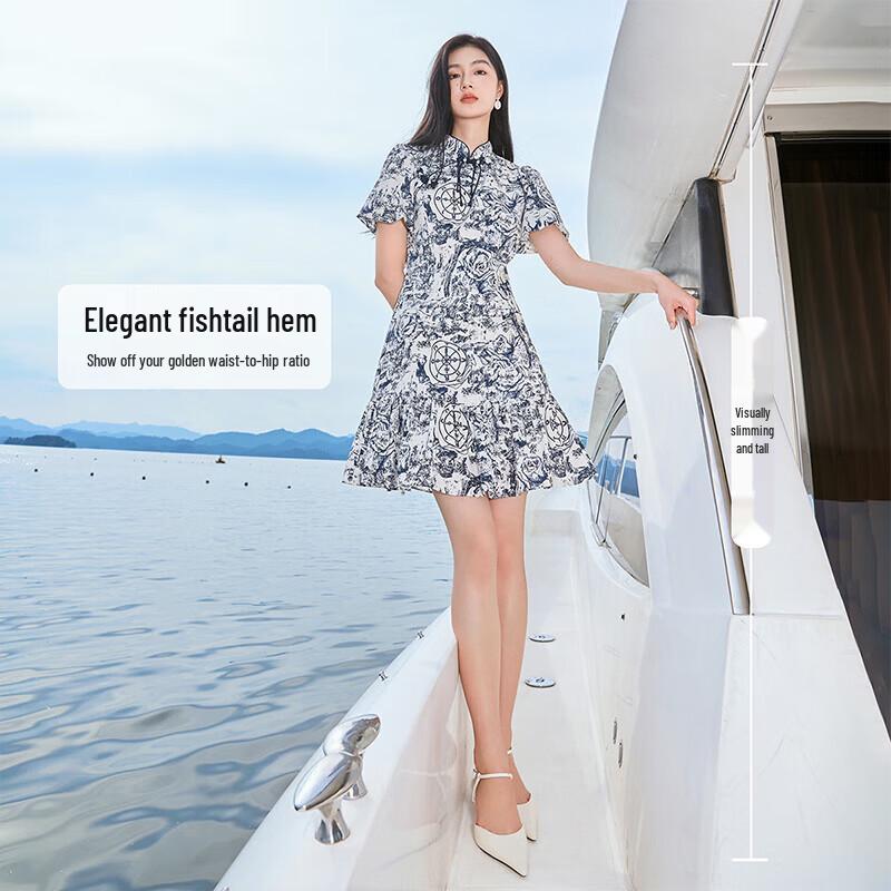 Elegant New Chinese Style Ink Print Puff Sleeve Cheongsam Dress