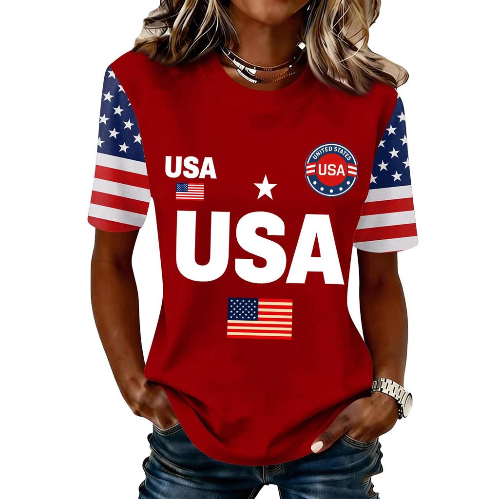 Blusa Feminina da Moda Casual de Manga Curta com Estampa e Gola Redonda