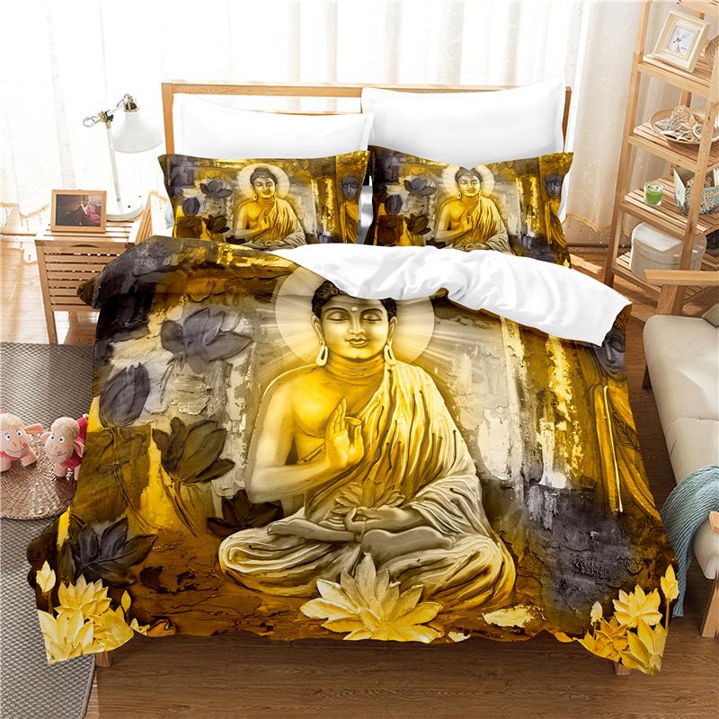 

Buddha Statue Duvet Cover Set 3D Digital Printing Gold Queen King Size Bedding Set for Kids Boys Girls Polyester Comforter Set 70x133cm 2pcs