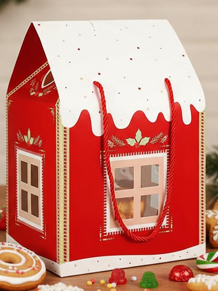 Christmas Cottage Gift Box Christmas Gift Boxes with Handle Paper Treat Boxes for Xmas Holiday Party Treat Goodie Packaging