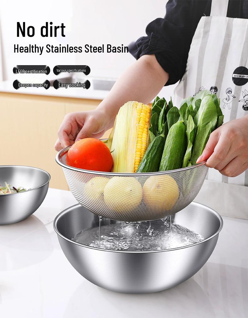 304 Stainless Steel Kitchen Basin: Wash Veggies, Knead Dough, Beat Eggs, or Mix Salads. Thick, Durable Design for Household Use.