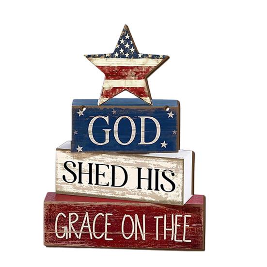 Wooden Independence Day Sign Hanging Decor, Vintage American Flag Patriotic Wall Plaque with God Bless America for 4th of July Party, Farmhouse