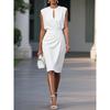 Women Summer White Keyhole Neck Sheath Dress Ruched Waist Midi