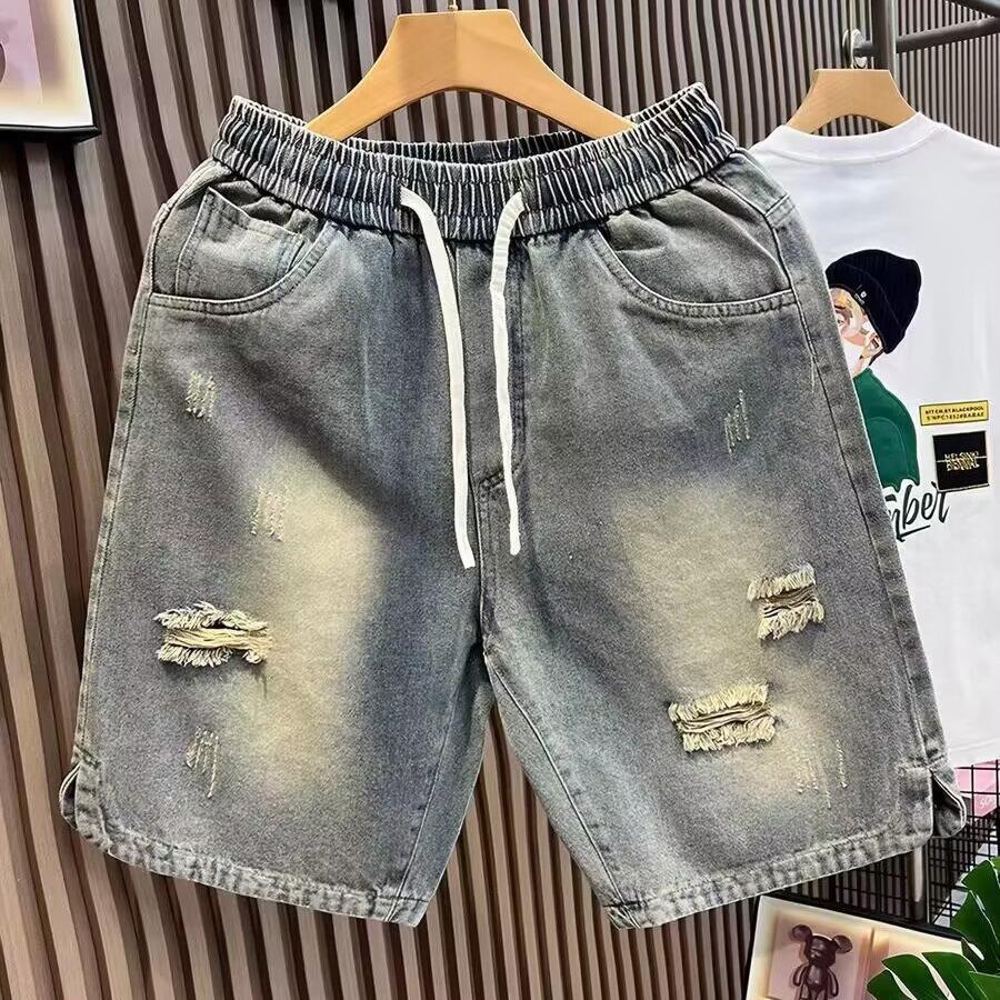 Men's Trendy Ripped Denim Shorts - Summer 2024, Elastic Ink-Splashed Mid-Length Straight Fit