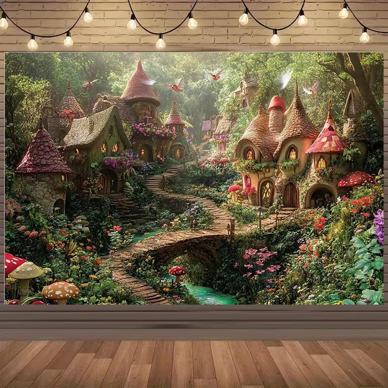 2D Magical Fairy Village Backdrop with Mushroom Houses for Kids Photography Background