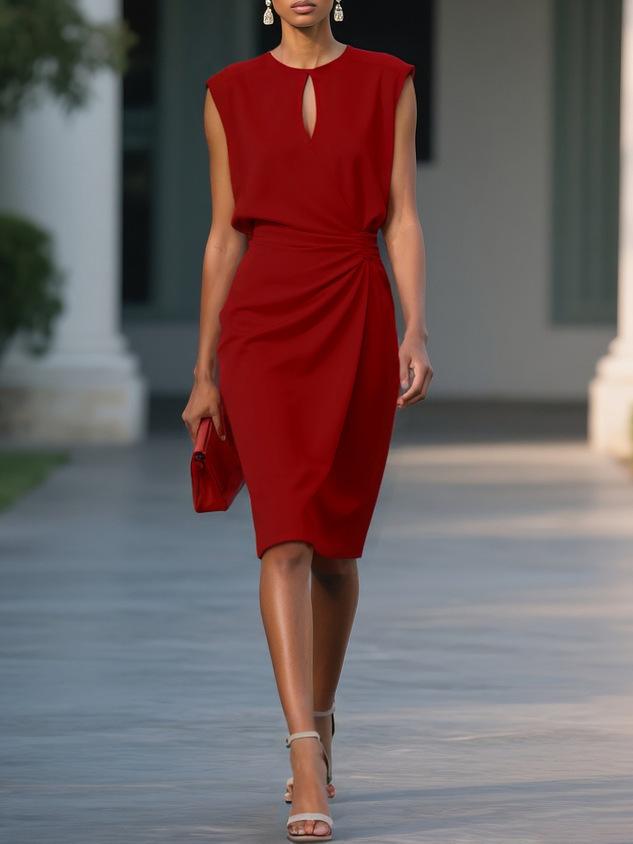 2026 European and American women's clothing, retro temperament cross solid color knotted round neck hollow dress