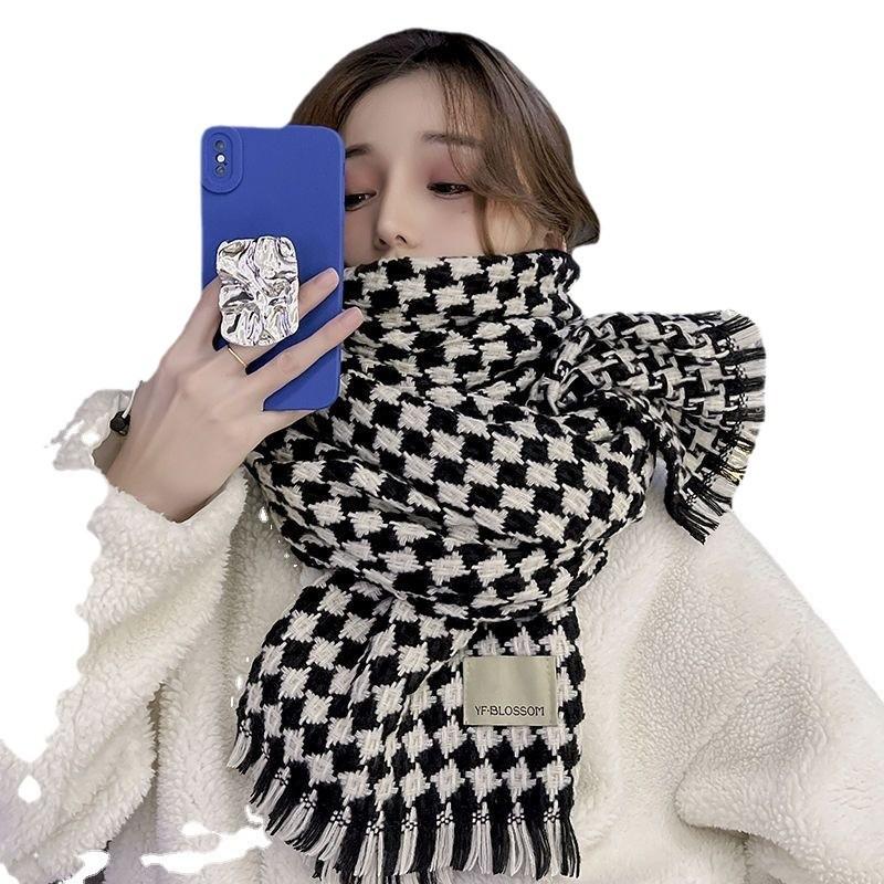 Winter Scarf for Women New Korean Style Double Sided Imitation Cashmere Knitted Rhombus Plaid Versatile Warm Student Scarf Shawl
