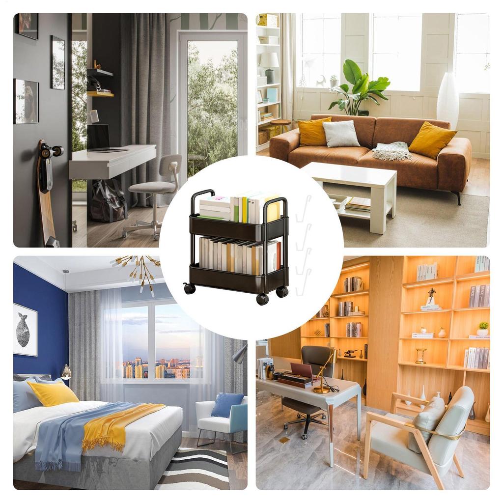 2-Tier Movable Bookshelf Cart with Wheels Multi-Purpose Storage Rack for Books Toys Snacks Household Mobile Organizer