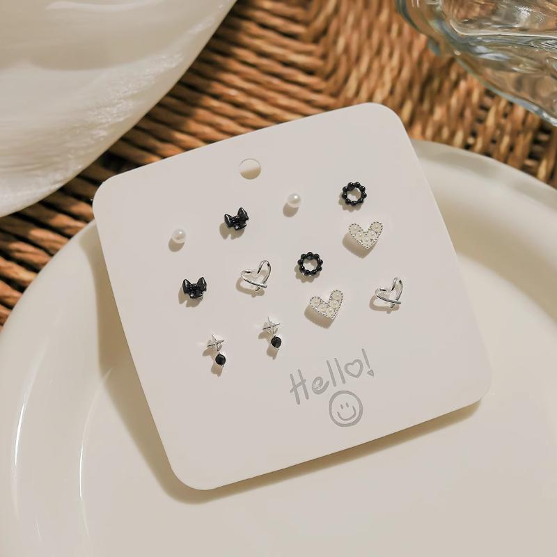 1Set Simple And Compact Silver Needle Earring Set Love Geometric Earring Combination Cute Sweet And Versatile Earrings