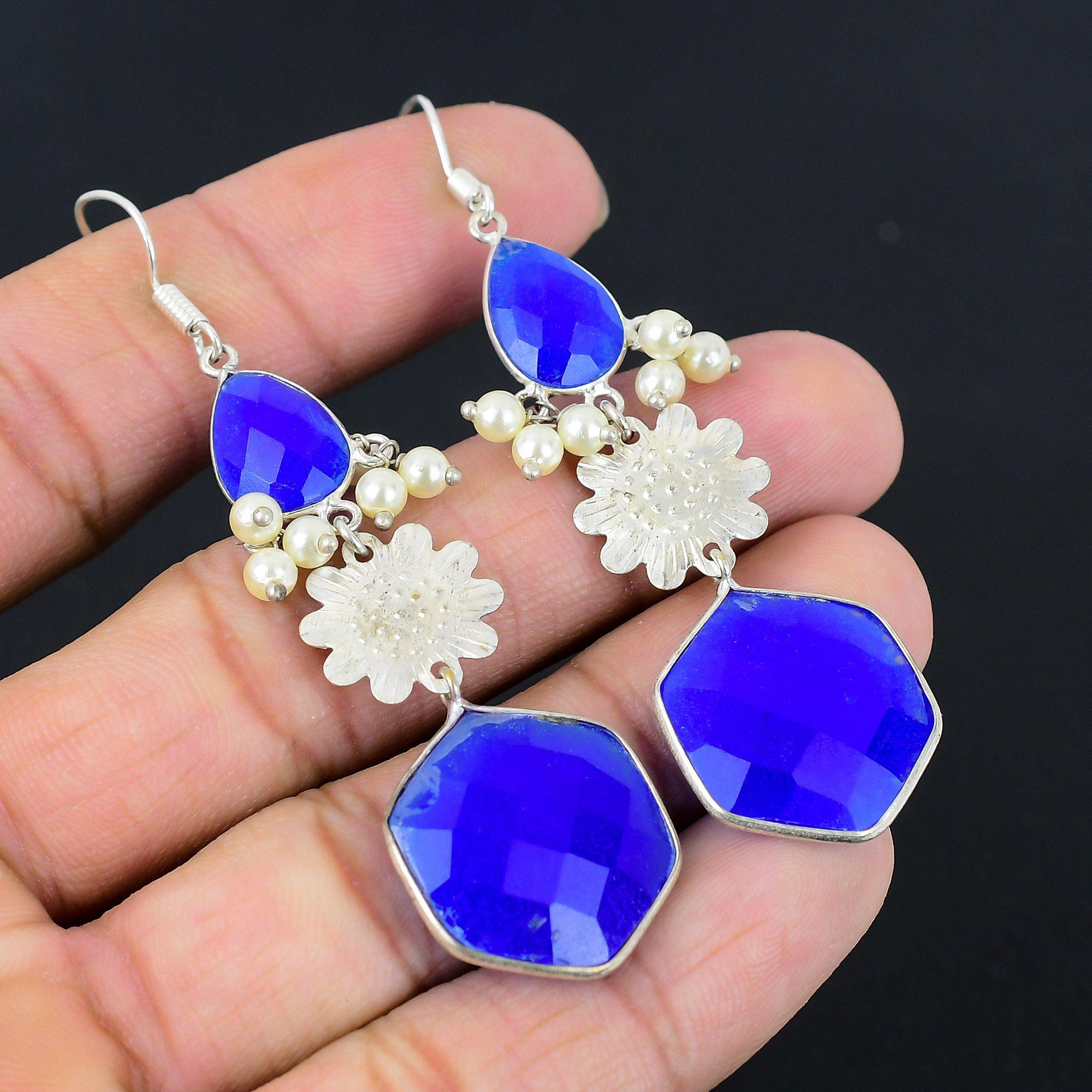 

Хэллоуинская акция Серьги-подвески из стерлингового серебра 925 пробы с камнем синий сапфир, на день рождения