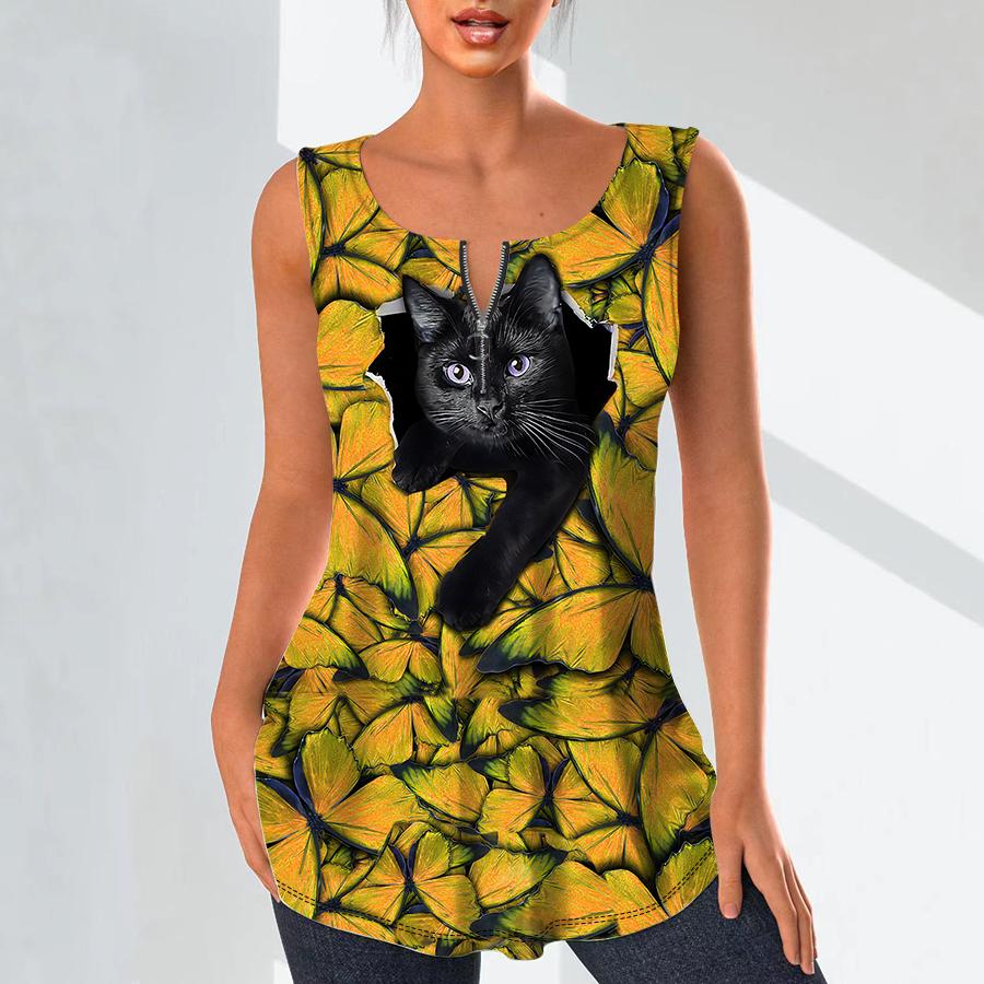 

Женские модные рубашки с v-образным вырезом, повседневные топы, футболка, женский жилет с 3D принтом черной кошки, блузка без рукавов больших размеров, топы на бретелях 7XL жёлтый