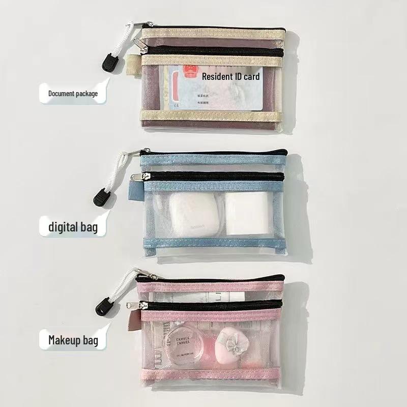 Double-Layer Card Holder & Document Storage Bag: Portable License Pouch with Zipper and Mesh for Passport & Household Registration Book