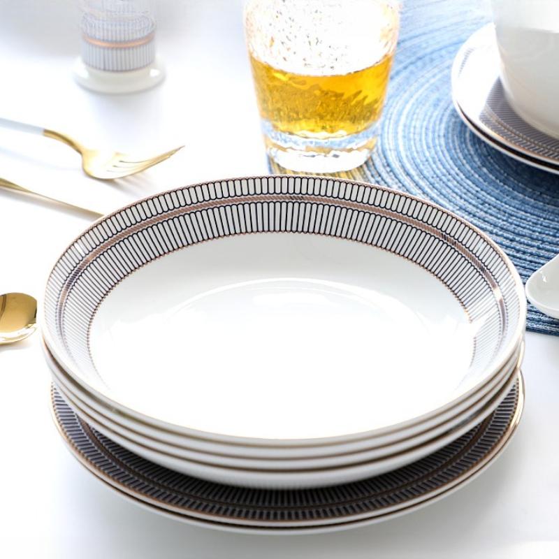 8/10palcové talíře z kostního porcelánu - Moderní elegantní kulaté nádobí se zlatým lemem Dezertní talířová sada Jídelní nádobí Servírovací talíře pro kuchyň, vhodné do mikrovlnné trouby