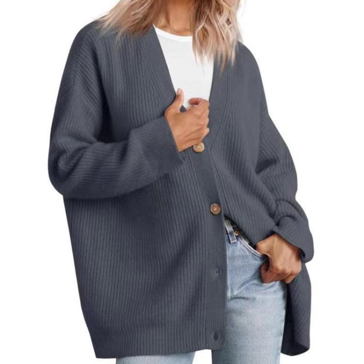 Damski Miękki Wygodny Kardigan Rozpinany V-neck Długi Rękaw Dzianinowy Ciepły Jednolity Sweter Casualowy dla Pani