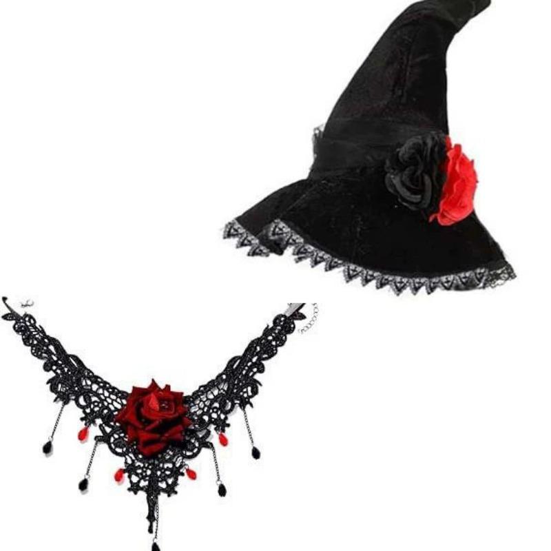 2/3pcs Lace Gothic Witch Hat with Tulle Veil & Rose Necklace - Women's Halloween Party Costume Accessory Fabric