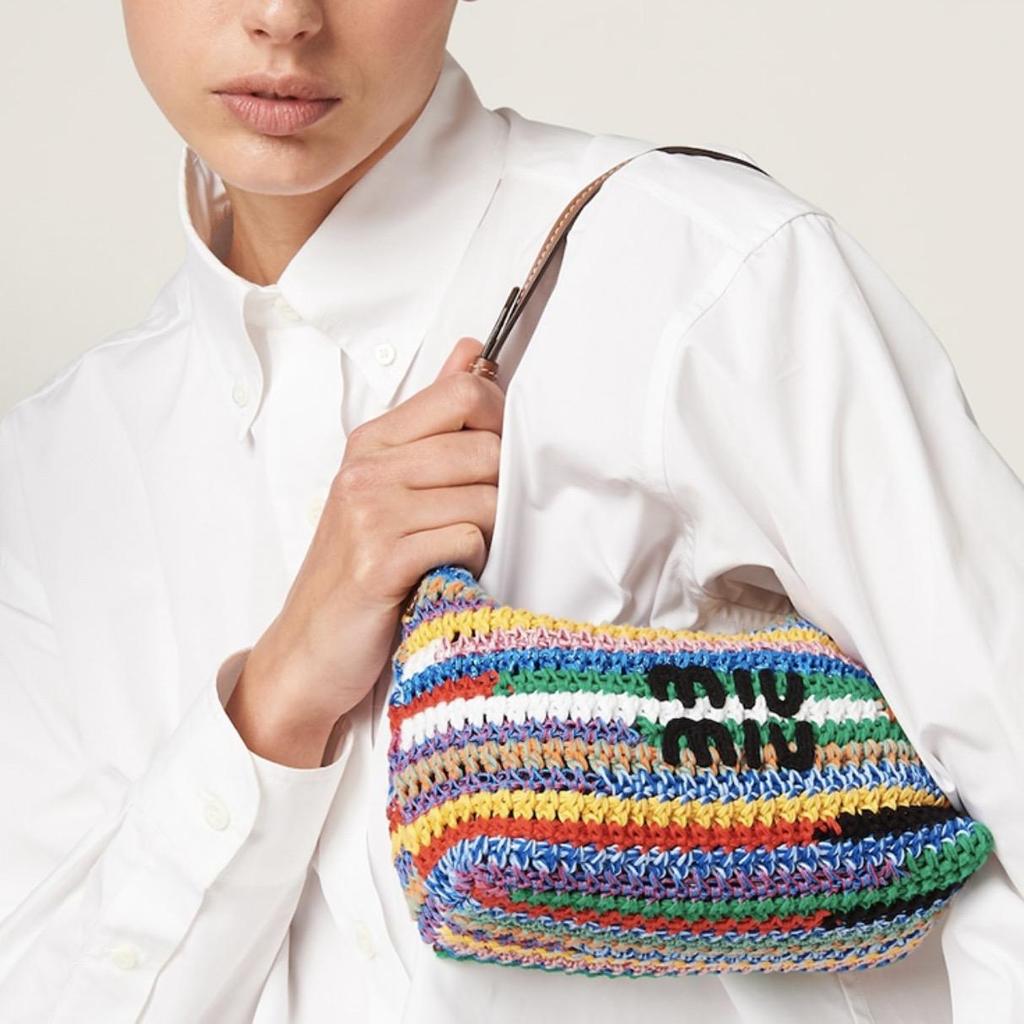 MIU MIU Embroidered Monogram Logo Crochet Leather Handle Shoulder Bag Tote Women's Rainbow Color