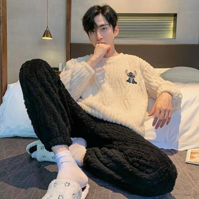 Men's pajamas coral fleece autumn and winter warm home leisure suits can be worn outside plush loungewear men's