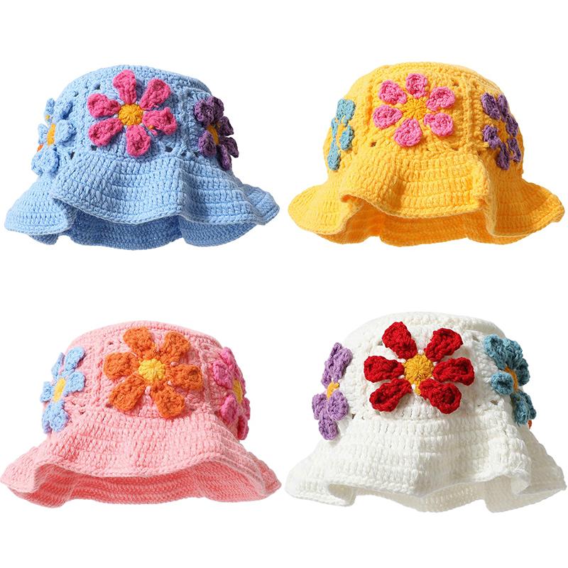 Women Plush Hat Bowler Hat Knitted Hat Breathable Handmade Crochet Vibrant Floral Pattern Cute Hollow Ruffles Colorful 56-58cm