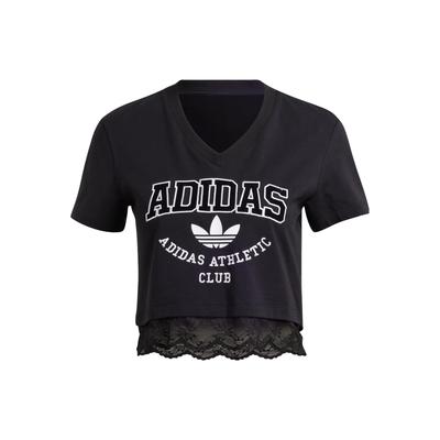 T-shirt Corta Originals Trefoil con Bordino in Pizzo, Ricamo Logo a Lettere e Scollo a V, Top da Donna Nero IL2417