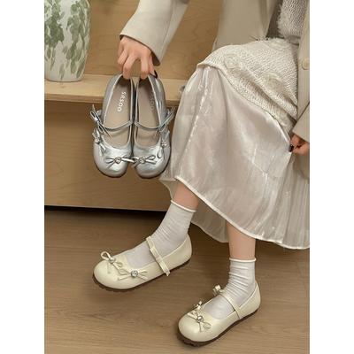 Silver French Round Head Light Mouth Flat-soled Single Shoes 2026 New Spring and Autumn Heightening Soft-soled Retro Mary Jane Shoes