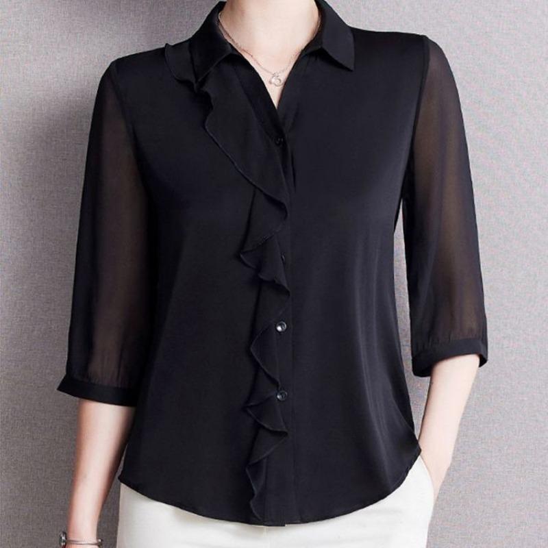 Black Satin Shirt for Women 2025 New Fashion Quarter Sleeve Shirt Chiffon Top