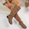 New Plus Size Fall and Winter Pleated Flat Western Cowboy Boots Women's Belt Buckle Boots Thick Heel Slim Long Leg