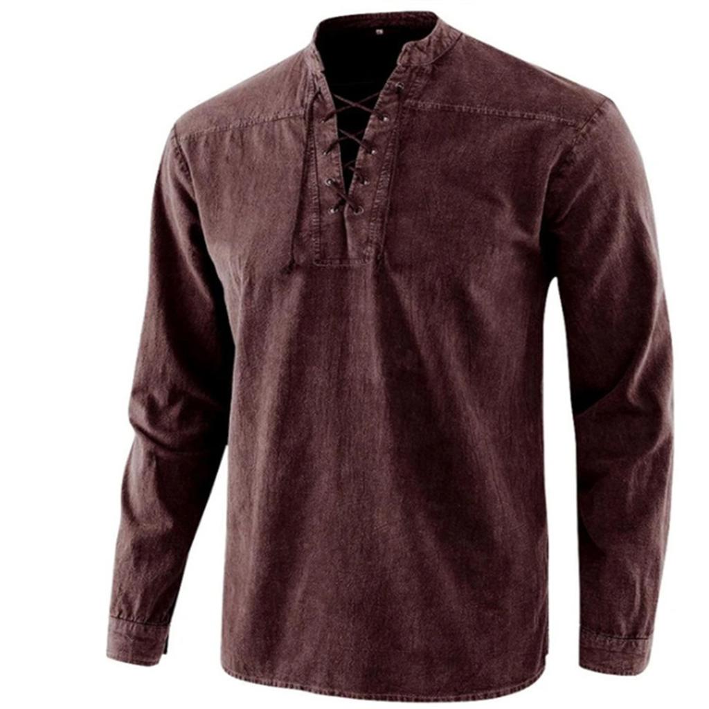 Men's Solid Color Vintage Laced Stand-Collar Loose Casual Shirt