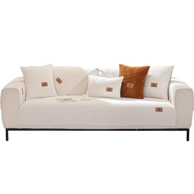 Flannel Sofa Cover Winter Thickening Warm Soft Plush Vertical Lines Cushions Non-Slip Living Room Leather Sofa Backrest Armrests